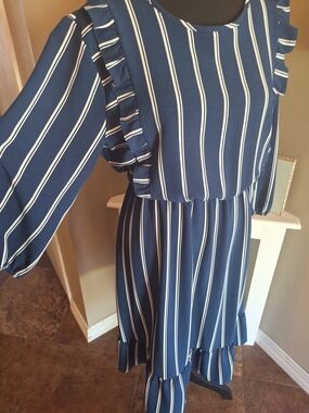 Prairie Farm Girl Dress Navy Stripe Ruffle Midi Dress Sz L